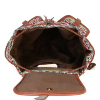 Diamond Pattern Bohemian Style Canvas Backpack - Vintage Tribal Pattern Travel Bag with Leather Straps thumbnail
