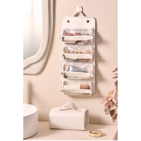 White Roll-Up Travel Makeup Bag - Compact Cosmetic Organizer with Multiple Compartments thumbnail