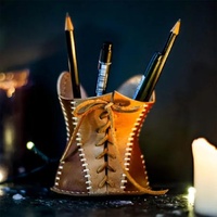 Yellow Leather Corset Pencil Holder - Handmade Vintage Desktop Organizer thumbnail