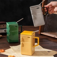 Grey Creative Retro Refrigerator Ceramic Mug with Lid and Straw - 550ml Coffee Cup - Unique Gift for Couples or Office Use thumbnail