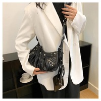White Vintage Rivet Crescent Moon Bag with Card Holder & Mirror, French Retro PU Leather Shoulder & Crossbody Motorcycle Bag for Women thumbnail