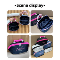 Black Patchwork Pink Portable Waterproof Color Block Makeup Bag with Pearl Handle, Large Capacity Cosmetic Storage Organizer for Travel and Daily Use thumbnail