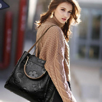 Black Elegant Embossed PU Leather Tote Bag for Women - Large Capacity Handbag with Inner Pouch thumbnail