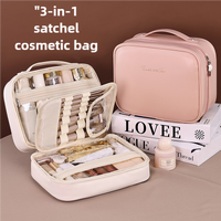 Pink Portable PU Leather Makeup Bag with Detachable Divider - Travel Cosmetic Organizer thumbnail