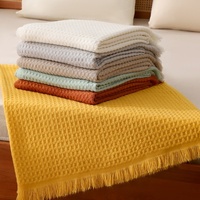 130*230CM Off White Nordic Solid Color Knitted Sofa Throw Blanket with Tassels – Waffle Weave Polyester Decorative Blanket thumbnail