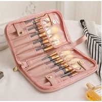 Pink Portable Shell Makeup Brush Storage Bag - Multi-Functional PU Cosmetic Organizer with Button Closure, Convertible to Stand Design(Make-up brushes thumbnail