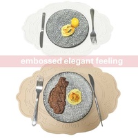2 Pcs Grey Oval Embossed Floral Edged Silicone Placemats, Non-Slip, Heat-Resistant, Easy-to-Clean Dining Table Mats, Korean and European Style thumbnail