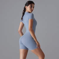Blue Size L Women's Summer Zip-Up Bodysuit - Short Sleeve, High Stretch Yoga & Dance Outfit, Breathable Fitness Wear thumbnail