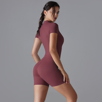 Dark Red Size S Women's Summer Zip-Up Bodysuit - Short Sleeve, High Stretch Yoga & Dance Outfit, Breathable Fitness Wear thumbnail