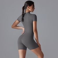 Dark Grey Size M Women's Summer Zip-Up Bodysuit - Short Sleeve, High Stretch Yoga & Dance Outfit, Breathable Fitness Wear thumbnail
