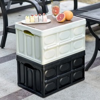 30L Black Foldable Storage Box with Wooden Lid - Multifunctional Car Organizer, Outdoor Folding Storage Container thumbnail