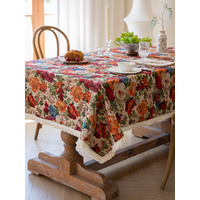 Floral Cotton Linen Tablecloth | Vintage Style Country Garden Design, 90*140cm thumbnail