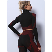 Black+Red High Waist Yoga Set for Women - Sports Bra, Long Sleeve Shirt & Leggings 3-Piece Workout Set Size XXXL thumbnail