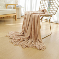 Beige Premium Woven Knitted Throw Blanket with Tassels | Soft, Cozy Sofa & Bed Blanket, Perfect for Office or Afternoon Naps 127x172cm thumbnail