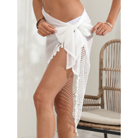 White Women's Mesh Detail Beach Wrap - Tassel Trim Swim Cover-Up 95x195cm thumbnail