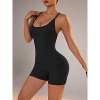 Size L Black Nylon Seamless Yoga Bodysuit - Women's Athletic Romper, Crisscross Back, Workout Jumpsuit thumbnail
