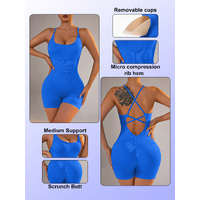 Size L Royal Blue Nylon Seamless Yoga Bodysuit - Women's Athletic Romper, Crisscross Back, Workout Jumpsuit thumbnail