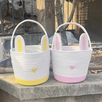 Green And White Stitching Charming Easter Egg Tote Basket - Cute Rabbit-Themed Handwoven Cotton Rope Candy Holder thumbnail