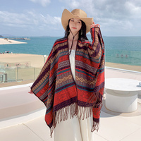 Green Plaid Ethnic Boho Shawl for Women - Stylish Split Cape for Travel and Cooling Rooms thumbnail