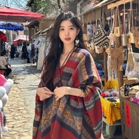 Red And Navy Ethnic Boho Shawl for Women - Stylish Split Cape for Travel and Cooling Rooms thumbnail