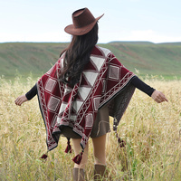 Burgundy Tassel Style Ethnic Boho Shawl for Women - Stylish Split Cape for Travel and Cooling Rooms thumbnail