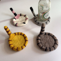2 Pcs Grey Handmade Wool Felt Cat Coasters - Cute Tiger Design, Heat-Resistant Table Mats thumbnail