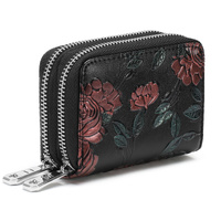 Black Background With Red Roses Floral Embossed Genuine Leather Card Holder - Large Capacity 10 Card Slots, RFID Blocking, Double Zipper Coin Pouch thumbnail
