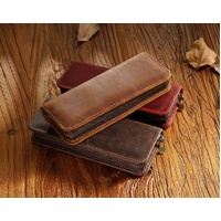 Blue Genuine Leather Pencil Case - Vintage Zip-Up Pen Holder with Elastic Loops thumbnail