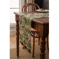 Floral Table Runner with Tassels - Jacquard Green Farmhouse Style (33x160cm) thumbnail