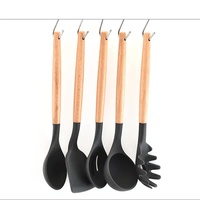 Light Green And Brown 12-Piece Silicone Kitchen Utensil Set - Non-Stick Food-Grade Silicone Cooking Tools with Wooden Handles and Holder thumbnail