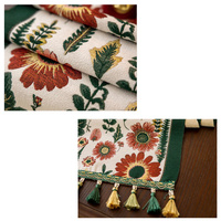 35x140cm Green Pastoral Table Runner - Spring Floral Oil Painting Style with Tassels thumbnail