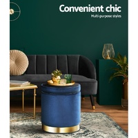 Artiss Ottoman Storage Foot Stool Round Velvet Navy thumbnail