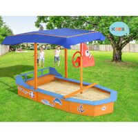 Keezi Kids Sandpit Wooden Boat Sand Pit with Canopy Bench Seat Beach Toys 150cm thumbnail
