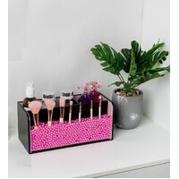 Leather Makeup Brush Cosmetic Organiser Storage Box with Pink Pearls, Acrylic Cover and 3 Compartments(Black) thumbnail