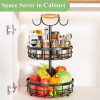 2-Tier Fruit Basket Bowl Storage with Wood Lift Handle and Dual Banana Tree Hanger for Kitchen Countertop thumbnail