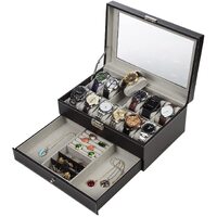 Black Leather Watch Box Jewelry Display Case with Drawers (12 Slots with 2 Layers) thumbnail
