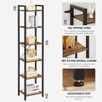 Small 6-Tier Industrial Bookshelf, Rustic Brown, Black thumbnail