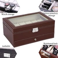 12 Slot PU Leather Lockable Watch and Jewelry Storage Boxes (Brown) thumbnail