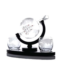 850ml Whiskey or Wine Globe Glass Decanter Set - 2x Glasses + Wooden Stand thumbnail