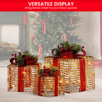 Swishmas Set Of 3 Christmas Gift Boxes With Lights - Champagne With Red Bows thumbnail