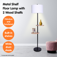 Sarantino Metal Floor Lamp Shade with Black Post in Round Wood Shelves thumbnail