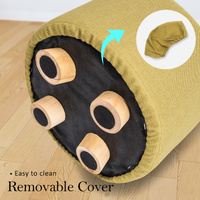 2X Fabric Ottoman Round Wooden Leg Foot Stool - Mustard Yellow thumbnail