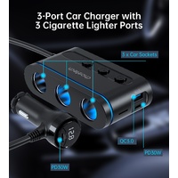 CHOETECH TC0021 3 Sockets 2C+1A Cigarette Lighter Splitter Black thumbnail