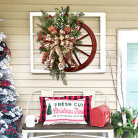 Christmas Red Wooden Wheel Wreath Front Door Hanging Garland Wall Decor(40*40cm) thumbnail