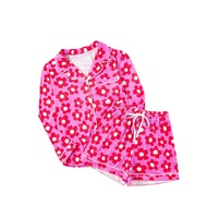 Pink Flower Print Long Sleeve Shirt Shorts Pajamas Set - L thumbnail