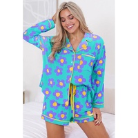 Green Flower Print Long Sleeve Shirt Shorts Pajamas Set - M thumbnail
