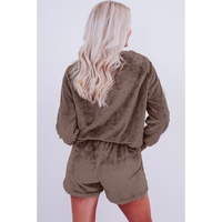 Coffee Solid Loose Fit Two Piece Fleece Lounge Set - XL thumbnail