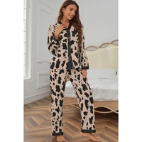 Khaki Cheetah Contrast Trim Loose Fit Two Piece Sleepwear - XL thumbnail