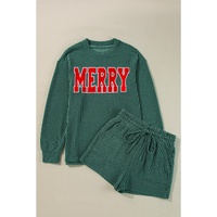 Evergreen Corded MERRY Graphic Long Sleeve Top and Shorts Set - 2XL thumbnail