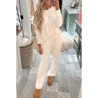Beige Checkered Print Long Sleeve Top and Pants Lounge Set - L thumbnail